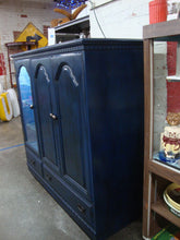 Load image into Gallery viewer, Custom Painted Navy Blue Wood Bar Display Cabinet with Wine Refrigerator and Glass Shelving