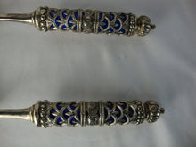 Load image into Gallery viewer, Vintage Godinger Cobalt Blue Glass with Metal Filigree Overlay Serving Spoon and Fork Set