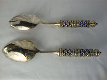 Load image into Gallery viewer, Vintage Godinger Cobalt Blue Glass with Metal Filigree Overlay Serving Spoon and Fork Set