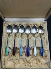 Load image into Gallery viewer, Spoon Set, Set of Six, Sterling Silver with Guilloche Enamel, Demitasse, Hestenes Norway