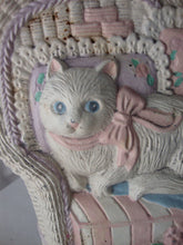 Load image into Gallery viewer, Vintage Midwest Cast Iron White Cat in Wicker Chair with Flower Doorstop