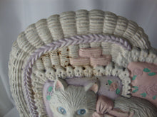 Load image into Gallery viewer, Vintage Midwest Cast Iron White Cat in Wicker Chair with Flower Doorstop