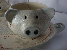 Load image into Gallery viewer, Vintage Temp-Tations Ceramic Gray Orange Floral Pig Soup Bowl with Oval Sandwich Tray Set of 2