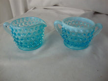 Load image into Gallery viewer, Vintage Unmarked Fenton Aqua Blue Opal Hobnail Small Creamer and Sugar Set