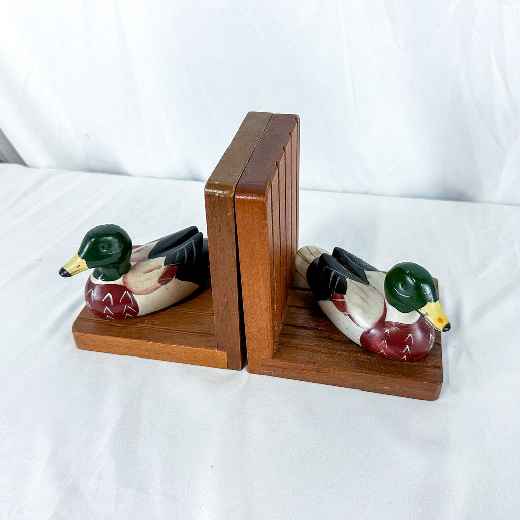 1980s Price Products Wooden & Ceramic Duck Bookends