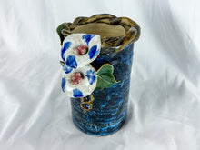 Load image into Gallery viewer, Hand-made Blue Ceramic Vase with Morning Glories, Unsigned