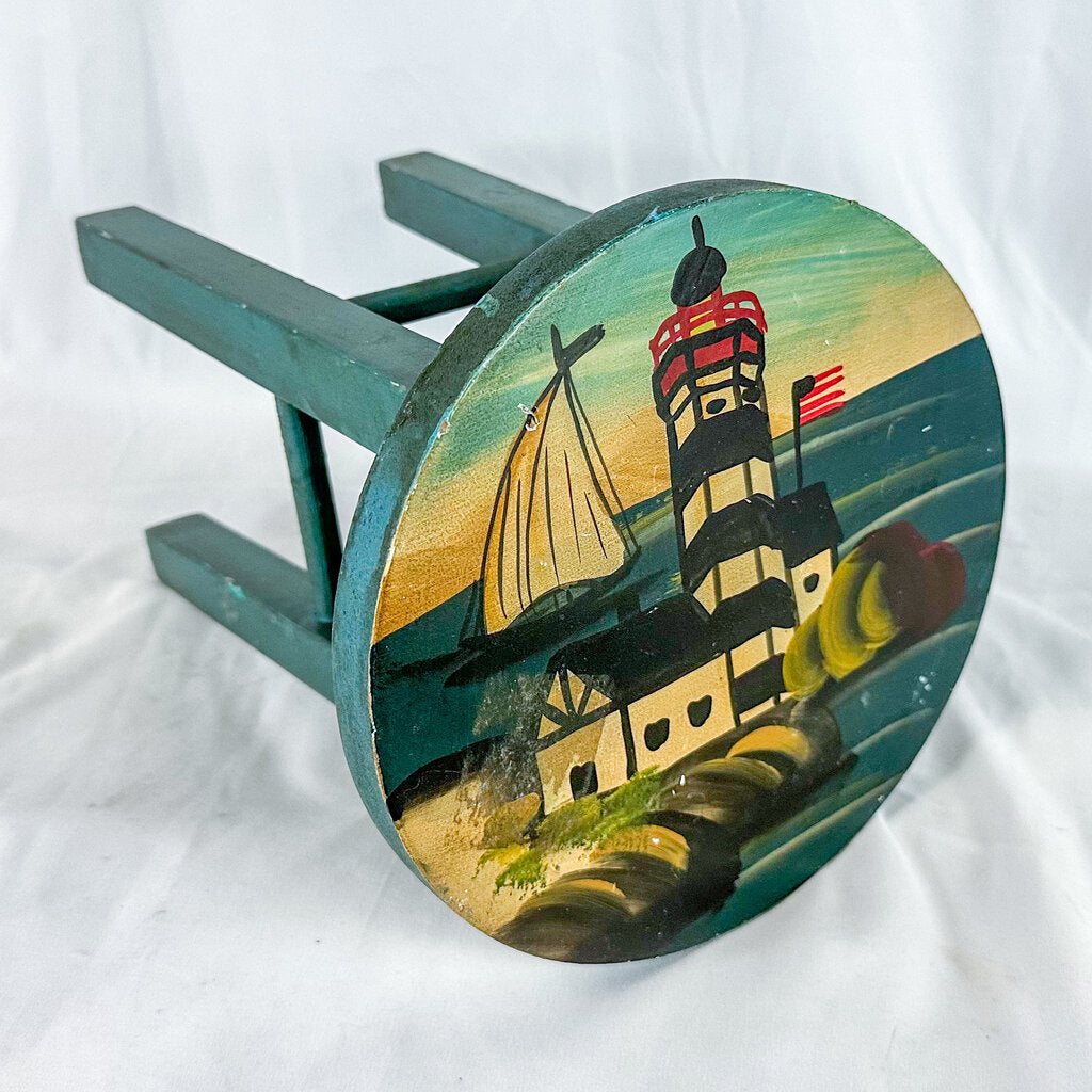 Vintage Hand-Painted Nautical Themed Stool