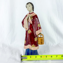 Load image into Gallery viewer, Vintage Ceramic Asian Lady Figurine with Red & Blue Dress and Pink Handkerchief