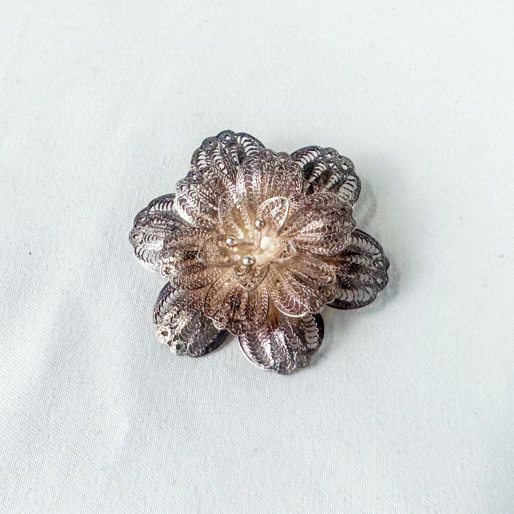Vintage Sterling Silver Filigree Rose Plated Brooch