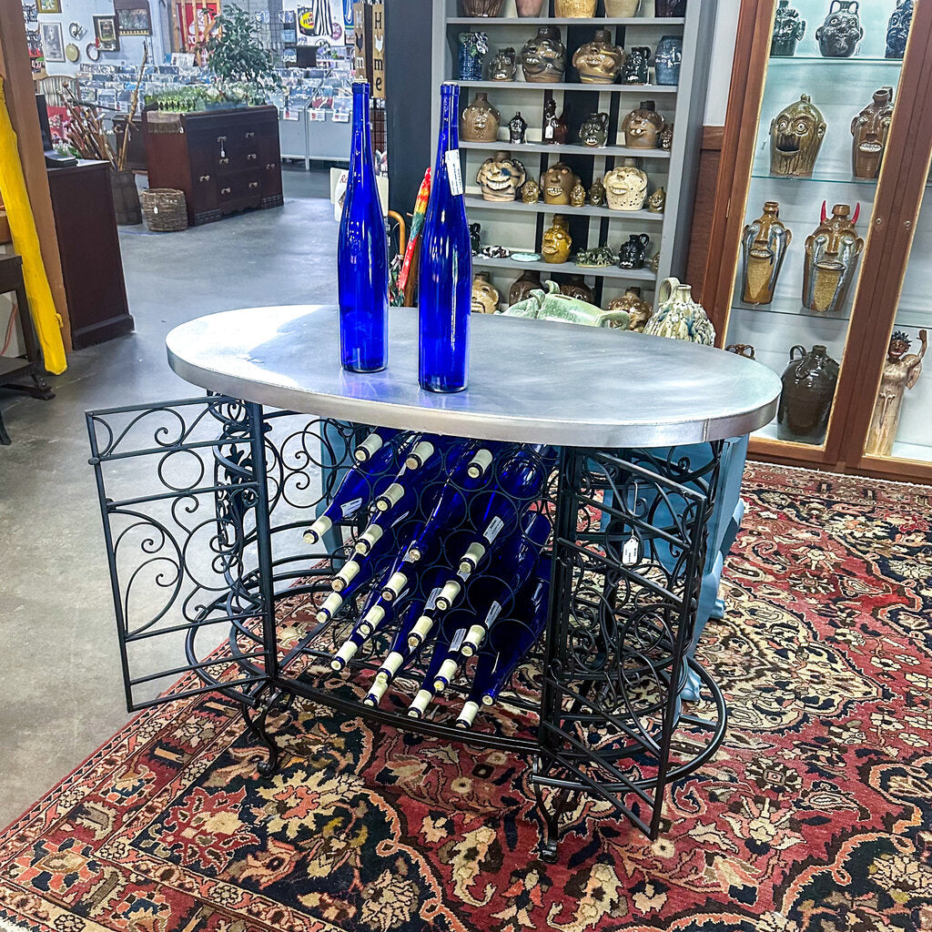 Vintage Wrought Iron Hand-Made Steel Top Wine Rack Table Bar