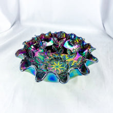 Load image into Gallery viewer, 1970s Fenton Amethyst Carnival Holly & Berry Pattern Ruffle Edge 8-Inch Bowl