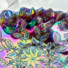 Load image into Gallery viewer, 1970s Fenton Amethyst Carnival Holly & Berry Pattern Ruffle Edge 8-Inch Bowl