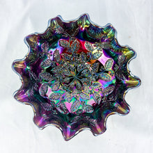 Load image into Gallery viewer, 1970s Fenton Amethyst Carnival Holly & Berry Pattern Ruffle Edge 8-Inch Bowl