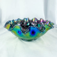 Load image into Gallery viewer, 1970s Fenton Amethyst Carnival Holly & Berry Pattern Ruffle Edge 8-Inch Bowl