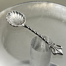 Load image into Gallery viewer, Salt Cellar Spoon, Sterling Silver, Twisted Shaft with Fleur de Lis, Shell Shaped Bowl, 2 9/16 inch