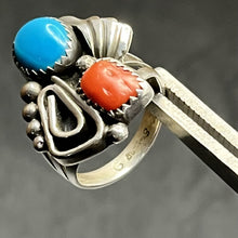 Load image into Gallery viewer, Ring, Sterling Silver, Coral and Turquoise Navajo, Native American, Size 6 1/2