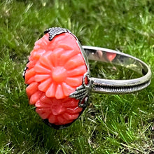Load image into Gallery viewer, Ring, Sterling Silver, Carved Coral flowers, Size 6 1/4