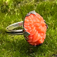 Load image into Gallery viewer, Ring, Sterling Silver, Carved Coral flowers, Size 6 1/4