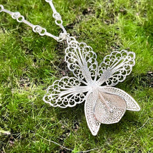Load image into Gallery viewer, Necklace with Pendant, Sterling Silver, Filigree Iris Flower on Specialty Chain, 15 1/2 Inches