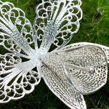 Load image into Gallery viewer, Necklace with Pendant, Sterling Silver, Filigree Iris Flower on Specialty Chain, 15 1/2 Inches