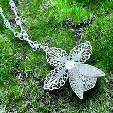 Load image into Gallery viewer, Necklace with Pendant, Sterling Silver, Filigree Iris Flower on Specialty Chain, 15 1/2 Inches