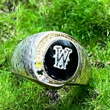 Load image into Gallery viewer, Ring, Sterling Silver, W in black stone, Vermeil accents with small colorful stones, Size 9 1/4