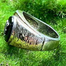 Load image into Gallery viewer, Ring, Sterling Silver, W in black stone, Vermeil accents with small colorful stones, Size 9 1/4