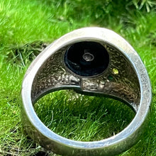 Load image into Gallery viewer, Ring, Sterling Silver, W in black stone, Vermeil accents with small colorful stones, Size 9 1/4