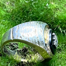 Load image into Gallery viewer, Ring, Sterling Silver, W in black stone, Vermeil accents with small colorful stones, Size 9 1/4