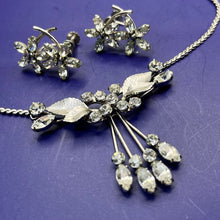 Load image into Gallery viewer, Necklace and Earring Set, 1950s Krementz, 14k White Gold Overlay, Leaves with Dangle and Screw Back Flower Design