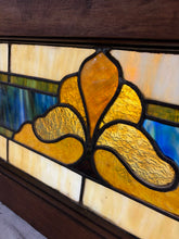 Load image into Gallery viewer, Vintage Stained Glass Blue Cream Green Window Panel in Wood Window Frame