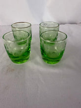 Load image into Gallery viewer, Shot Glass, Set of 4, Green Vaseline Glass, Etched with Grape Pattern