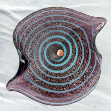 Load image into Gallery viewer, Vintage Murano Purple Glass with Brown Metallic Sparkles & Turquoise Swirl Crimped Bowl