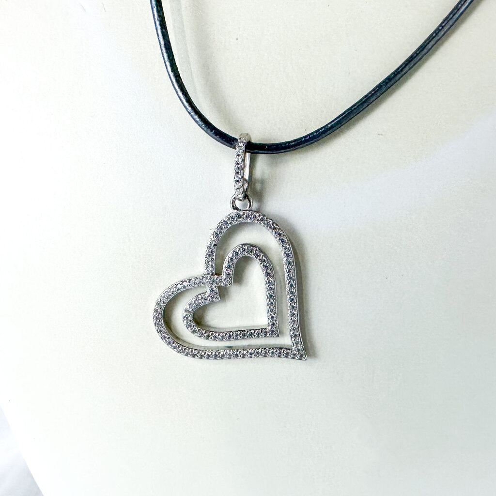 Vintage Sterling Silver & Cubic Zirconia Heart Pendant Necklace