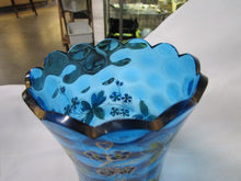 Load image into Gallery viewer, Vintage Peacock Blue Glass Thumbprint Vase with Hand Painted Flowers