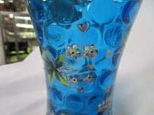 Load image into Gallery viewer, Vintage Peacock Blue Glass Thumbprint Vase with Hand Painted Flowers