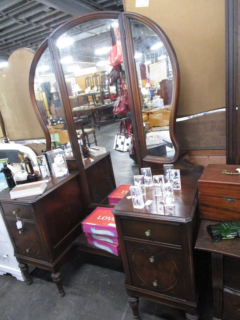 Antique Inlay Six Drawer Vanity with Triptych Mirror Antique Inlay Six Drawer Vanity with Triptych Mirror