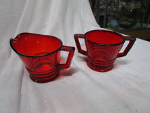 Load image into Gallery viewer, Vintage Ruby Red Amberina Paden City Penny Line Creamer and Sugar Set