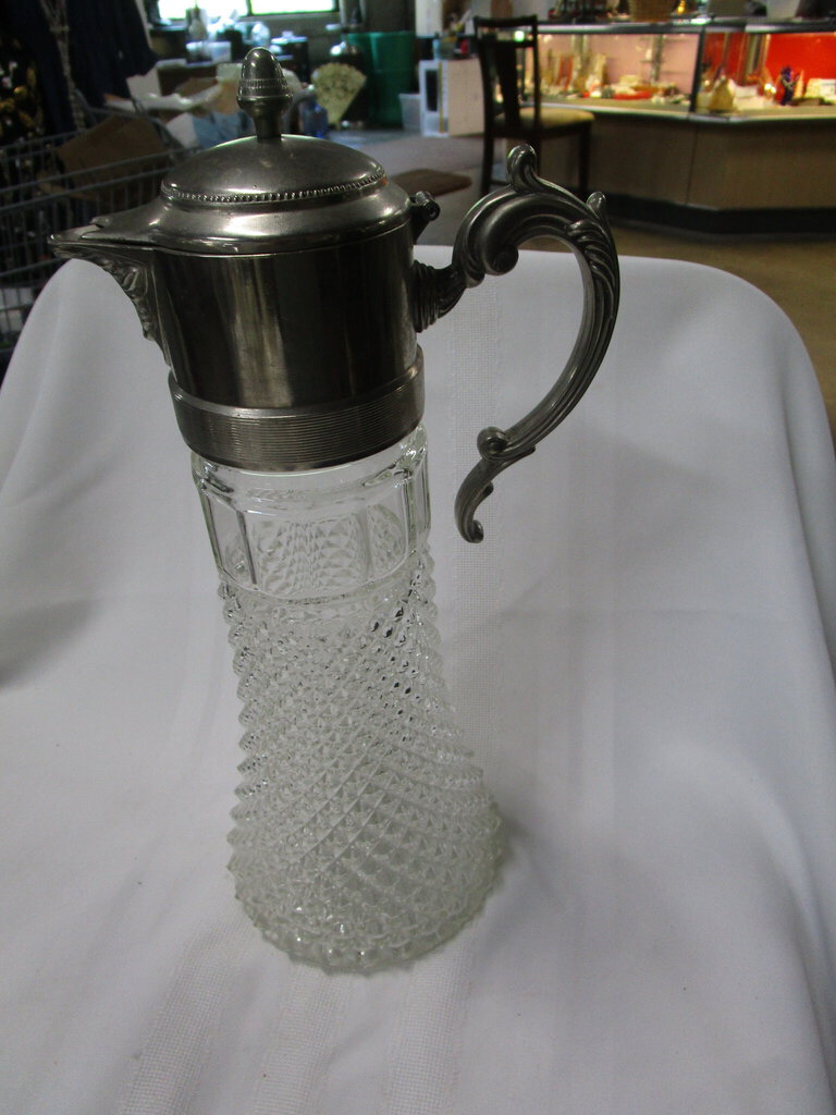 VINTAGE CUT GLASS CARAFE/DECANTER WITH METAL HANDLE , SPOUT AND