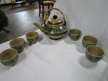 Load image into Gallery viewer, Vintage Porcelain Tan/Blue Floral Teapot with Bamboo Handle and (6) No Handle Tea Cups