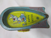 Load image into Gallery viewer, Retro 1950's Wyandotte Toys Tin Litho Happy Easter Bunny Pull Cart Toy