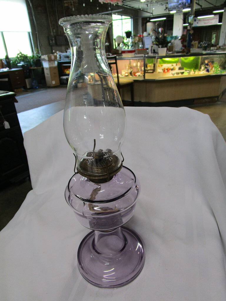 Antique Purple Glass Pedestal Oil Lamp with Clear Glass Chimney