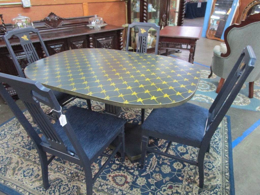 Custom Painted Stencilled Bee Happy Blues Oval Dining Table with Four Upholstered Dining Chairs