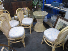 Load image into Gallery viewer, Vintage Washed Rattan Dining Table with Glass Top and Four Upholstered Dining Chairs Cane Backs
