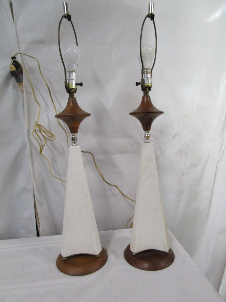 MCM Retro Cherry and Ceramic Angular Tall Lamp Bases Set of 2