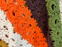 Load image into Gallery viewer, Vintage Handmade Crochet Fringe Blanket - 70s color scheme, 46"x62"