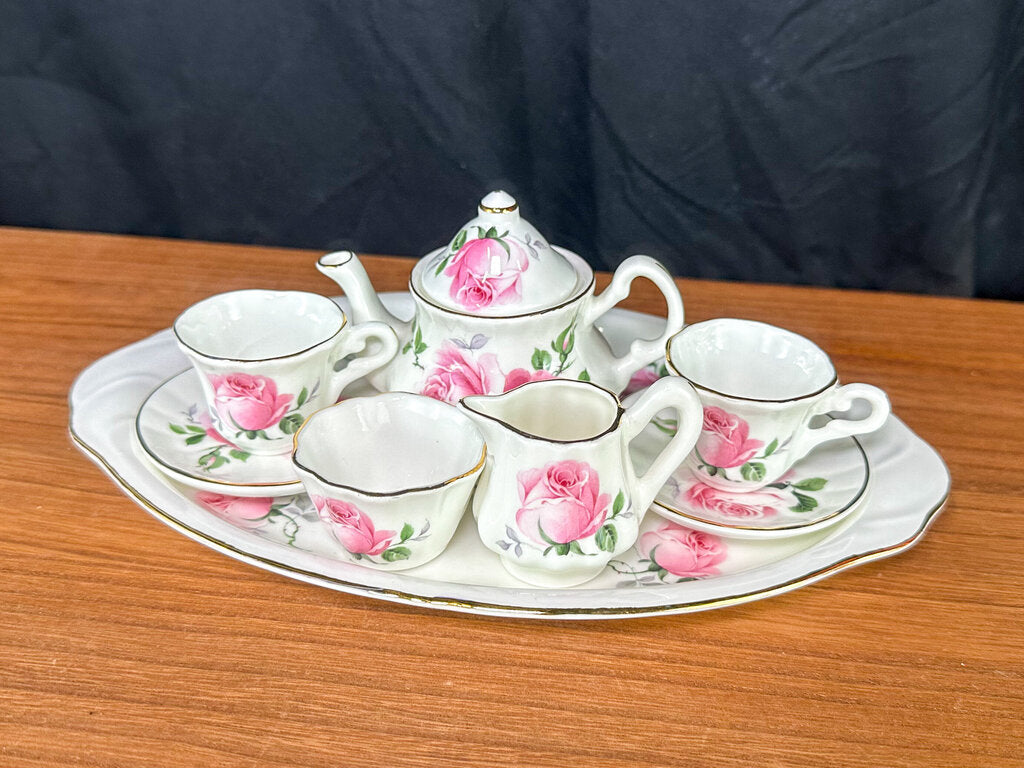 Crown Victorian Bone China Child s Miniature Tea Set Pink Rose Standpipe Antiques