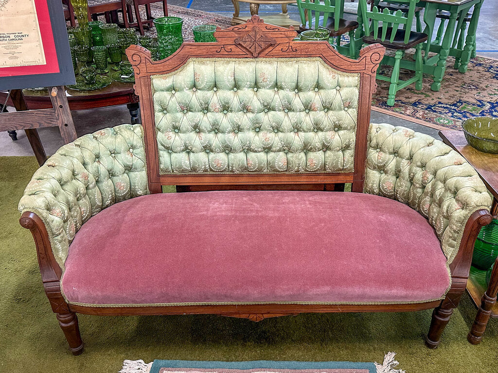 Antique Eastlake Tufted Parlor Settee, Light Green with Pink Seat