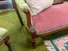 Load image into Gallery viewer, Antique Eastlake Tufted Parlor Settee, Light Green with Pink Seat
