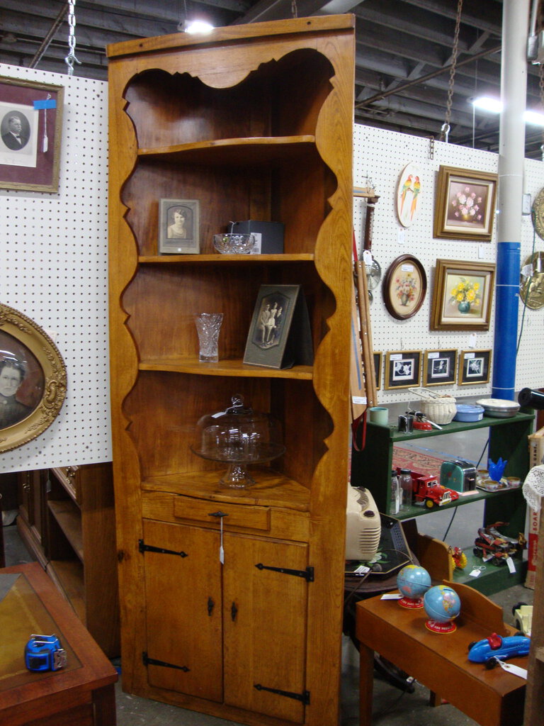 Vintage Pine Four Shelf Corner Cabinet with Bottom Double Doors Storage
